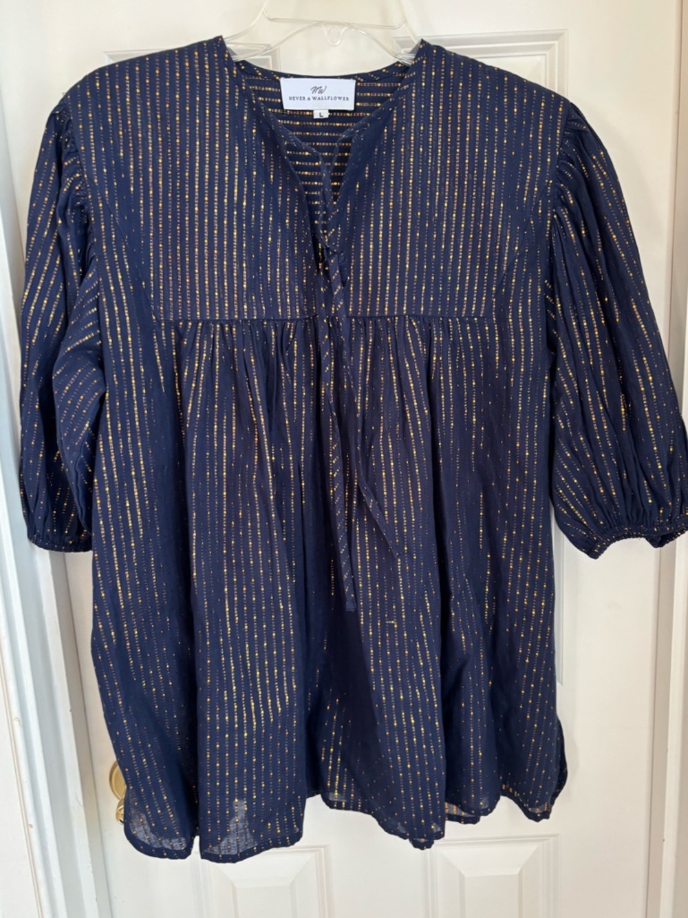 Never a Wallflower Navy Metallic Stripe Peasant Blouse-size L